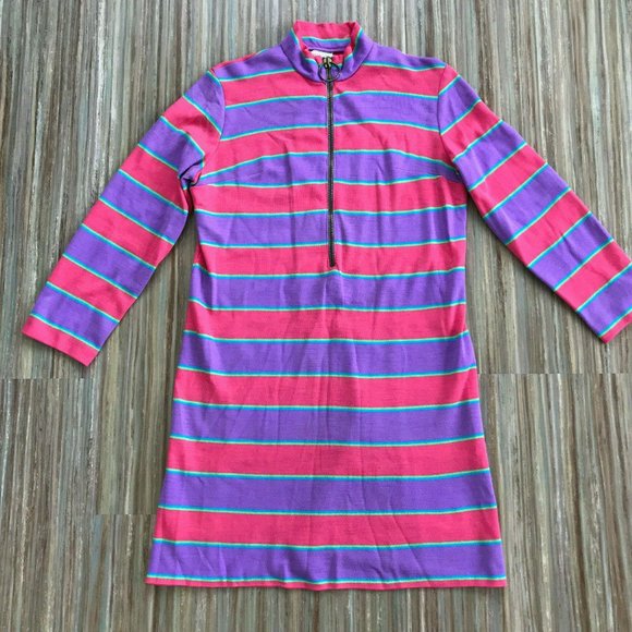 Courtelle Dresses & Skirts - Bright Pink & Purple Stripe Vintage 70s Courtelle Knit Dress with Chunky Zipper